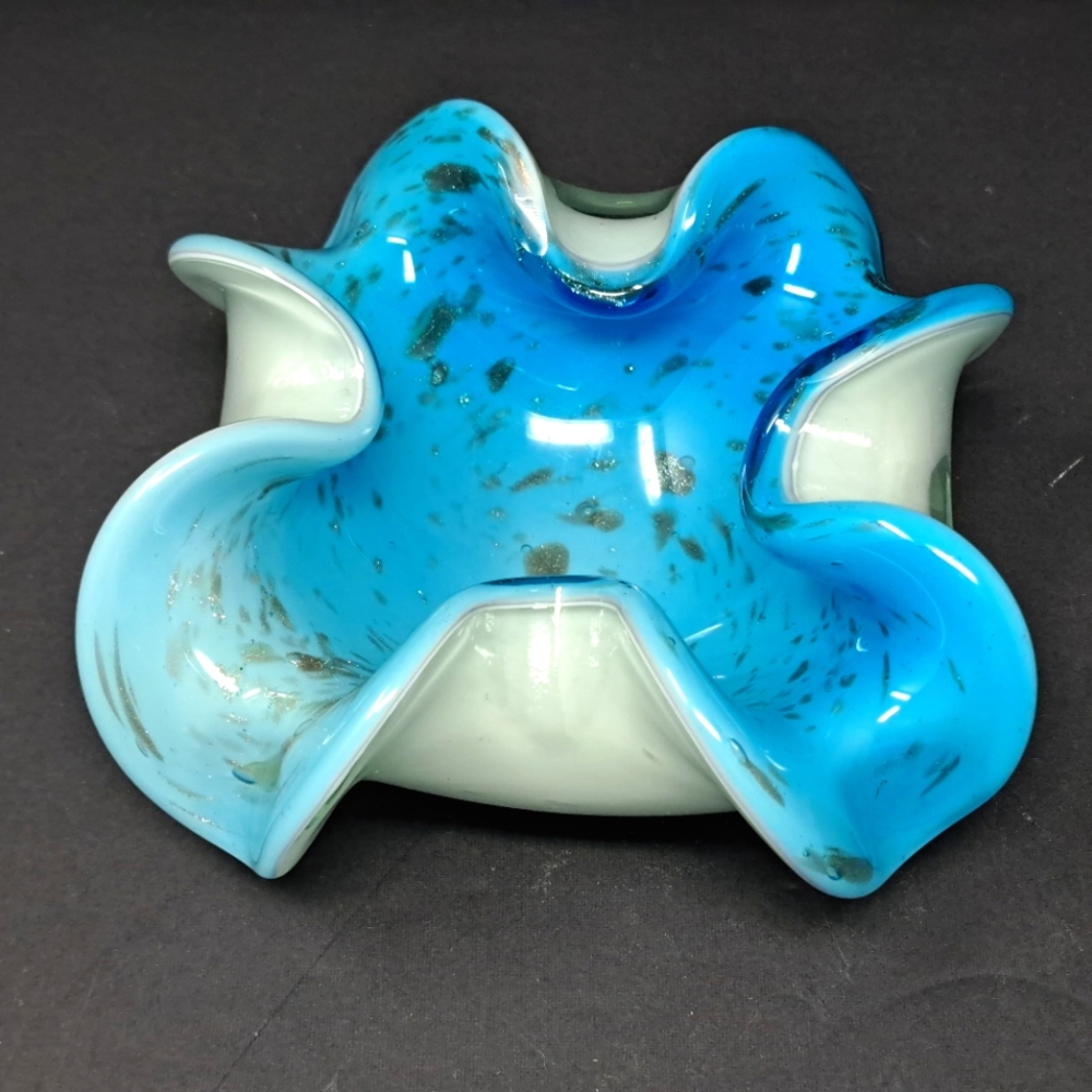 Blue Art Glass Dish With Gold Flecks And White Base